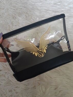 NWT Victoria's Secret Clear Gold Wing Logo Cosmetics Bag